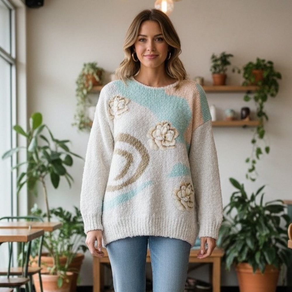 Vintage Cest VA Vie Sweater Women's Size M White Floral Chunky Crochet Boho Knit